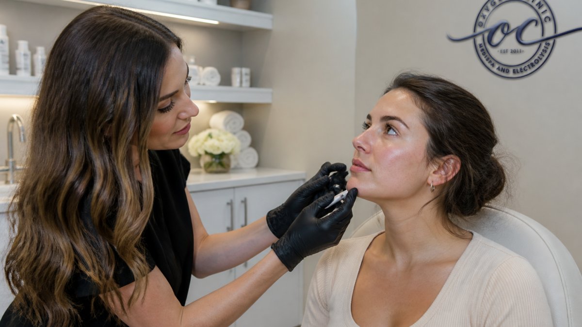 Professional demonstrating skin analysis during consultation with client, examining complexion under soft clinical lighting to assess texture and skin condition