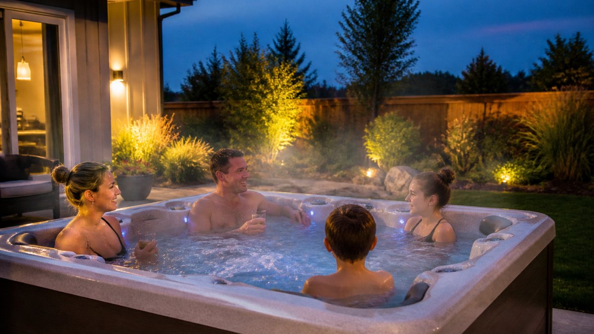 Family relaxing in a backyard hot tub on an evening with steam rising, spa set in residential landscape with warm lighting and surrounding plants