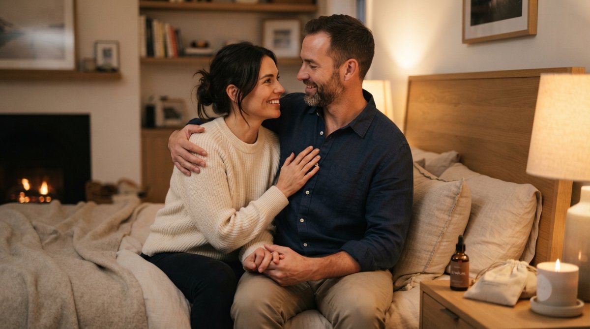 Volwassen stel in intiem moment, warm verlicht, kijken elkaar aan met vertrouwen en genegenheid, in slaapkamer omgeving