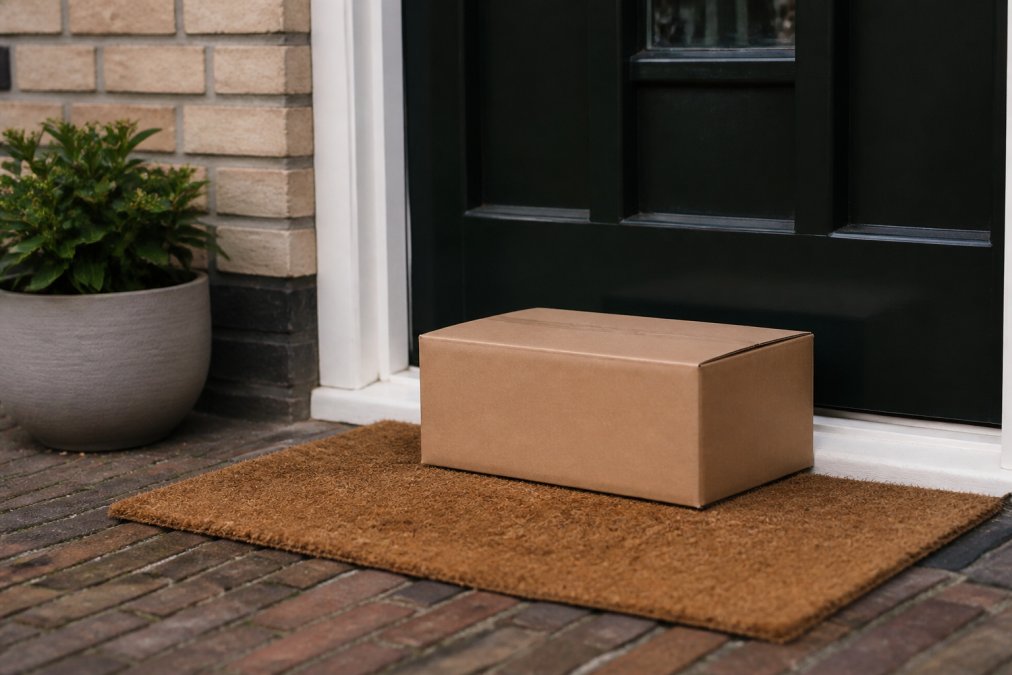 Een voordeur met een discreet verpakt pakket in neutraal bruin karton zonder opvallende markering of bedrijfslogo, zichtbaar op de mat