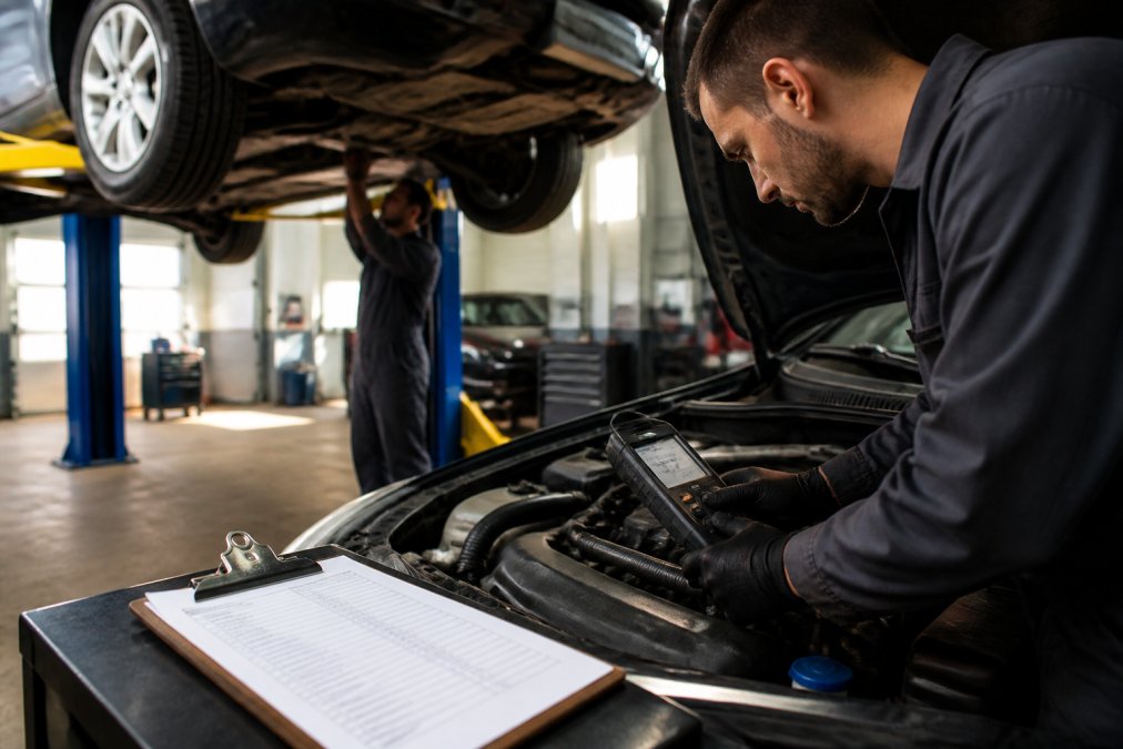 ASE-certified technician performing pre-purchase inspection, examining engine bay with diagnostic tools, checking undercarriage on lift, with inspection checklist clipboard visible