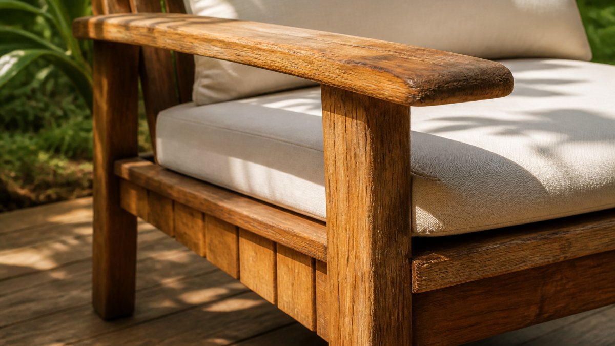 Close-up of teak wood grain and warm honey-brown colour on outdoor furniture piece with natural weathering visible, photographed in dappled garden sunlight