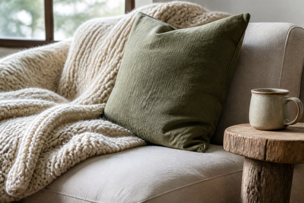 Close-up of layered textiles on a linen sofa: a chunky cream wool throw, a moss green linen cushion, and a reclaimed wood side table holding a ceramic mug, soft window light