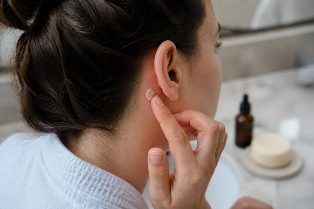 Woman applying a small dot of cream behind her ear to patch test a new skincare product on a bathroom counter
