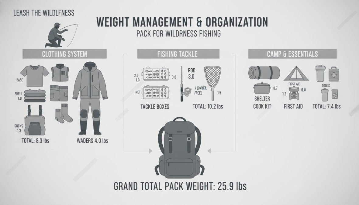 Angler organizing fishing gear and backpack contents on a flat surface outdoors, showing layered clothing, tackle boxes, waders, and other essentials arranged by category with natural lighting