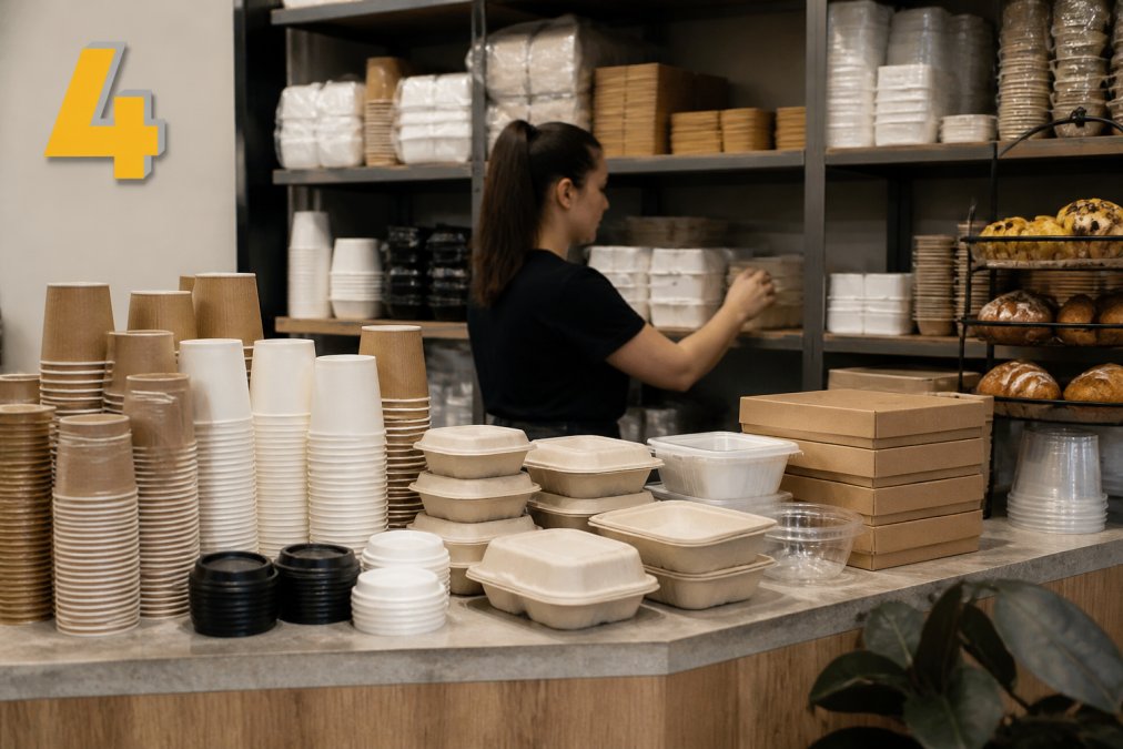 A cafe counter in Ireland with takeaway coffee cups, lids, and food containers neatly arranged on shelves, staff member restocking supplies in the background