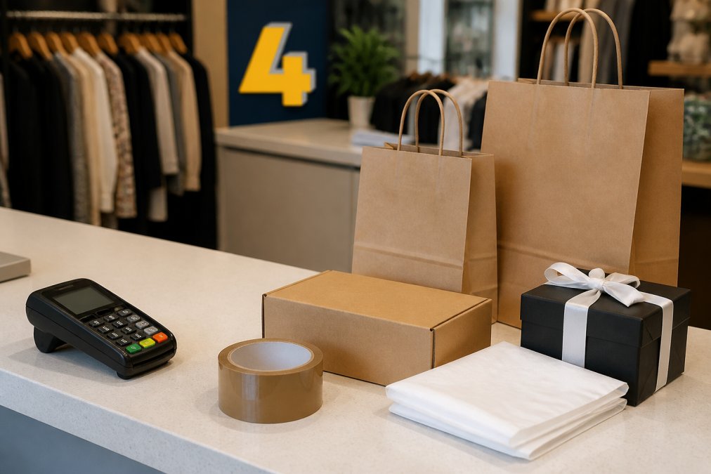 Paper bags, gift boxes, and other essential packaging supplies neatly arranged on a small retail shop counter.