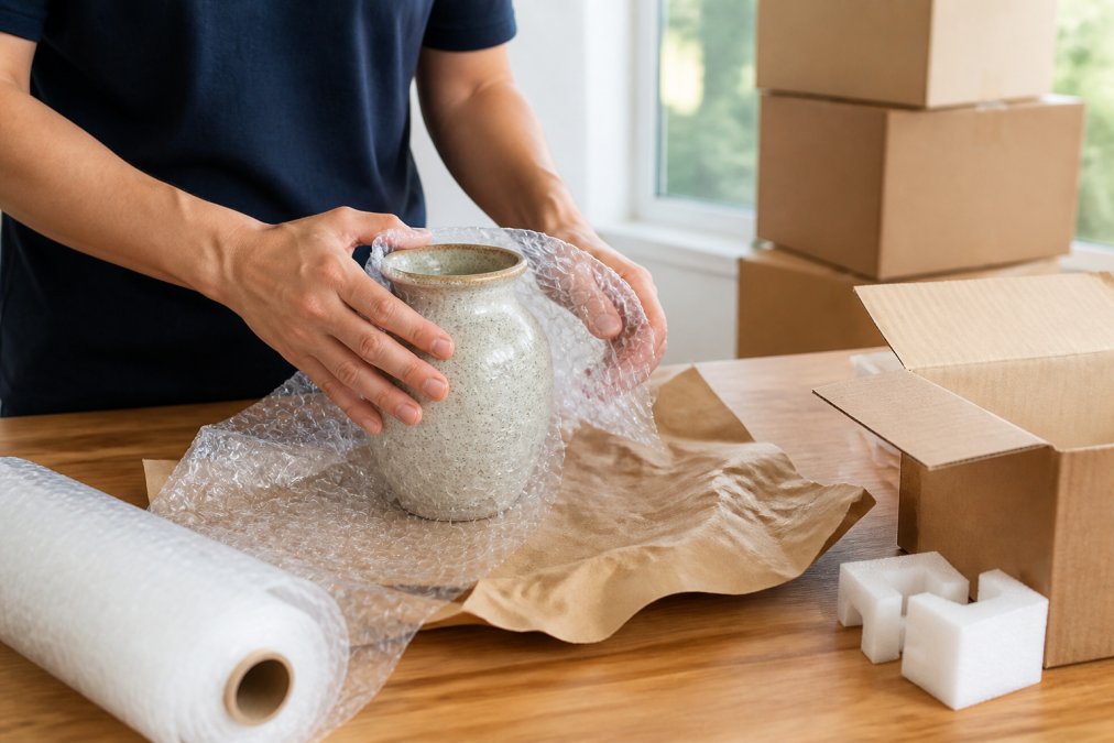 Infographic showing the step-by-step process of packing fragile items using bubble wrap and protective corners