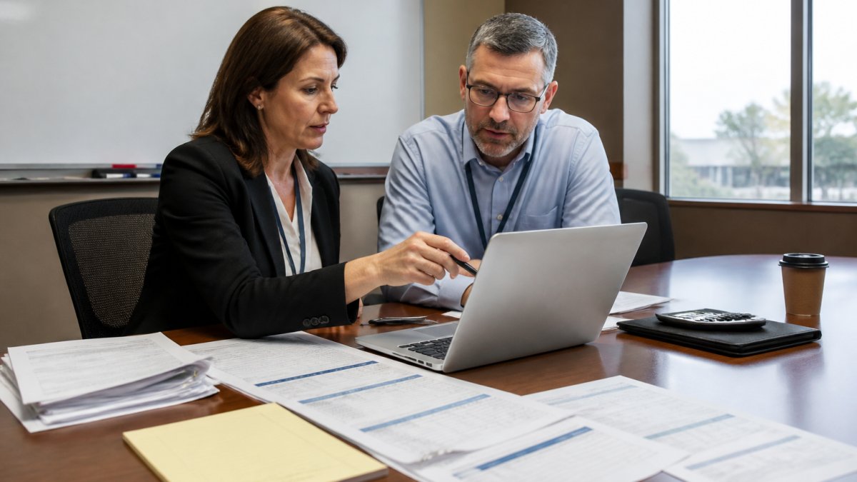 A radiology department manager and IT director reviewing staffing cost spreadsheets on a laptop in a hospital conference room, with printed reports and a whiteboard in the background