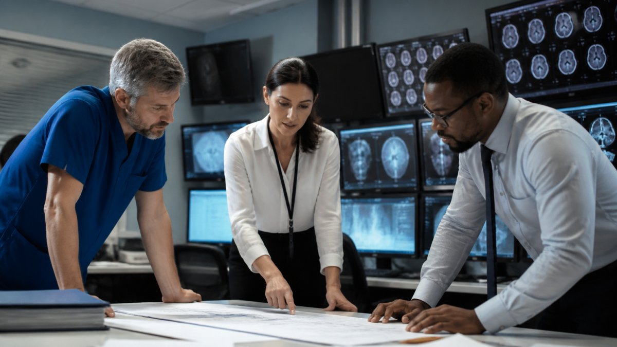 Healthcare IT team reviewing PACS migration documentation and system architecture diagrams in a hospital control room with multiple monitors displaying imaging data