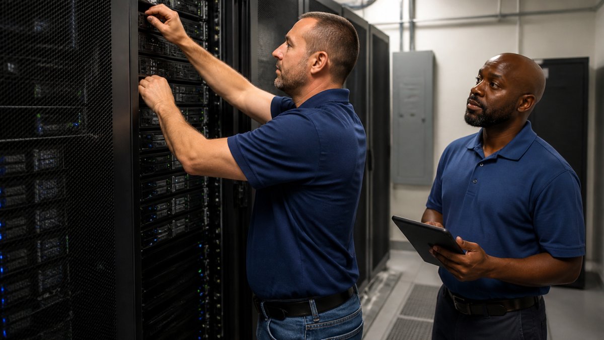 Professional healthcare IT team monitoring server systems and network infrastructure during a critical PACS migration cutover event in a data center with multiple screens displaying system status