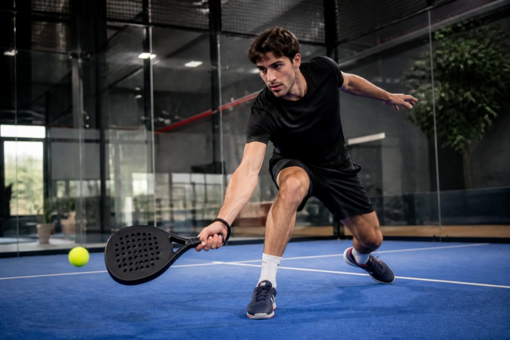 A padel player mid-rally on an indoor glass court, lunging for a low ball while wearing dark technical shorts with a visible ball-shaped pocket bulge on the thigh, bright overhead court lighting