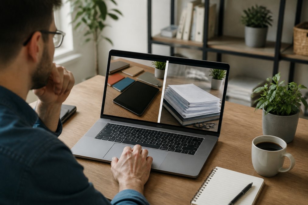A person comparing two digital guide platforms on a laptop screen, with a notebook and coffee on a tidy desk in a bright home office
