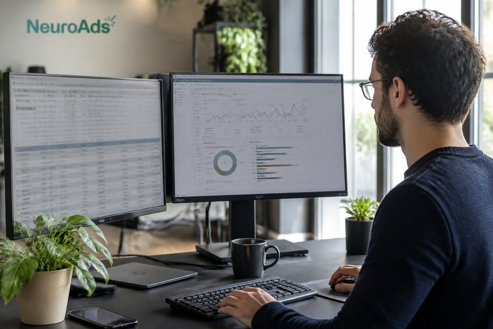 Professional analyzing paid social media advertising campaign performance on multiple monitors displaying audience targeting metrics and conversion data in modern office with natural lighting