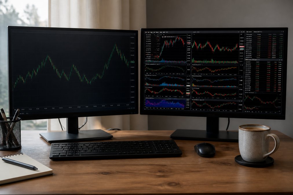 A trader's desk with two computer monitors side by side, one showing a simple line chart and the other showing a complex multi-panel trading dashboard with indicators, coffee cup and notepad nearby