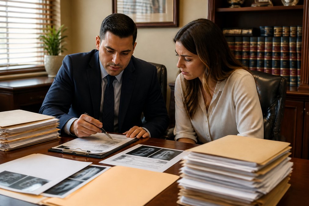 Attorney and client reviewing medical documents and case files together at a professional office desk with organized folders and records