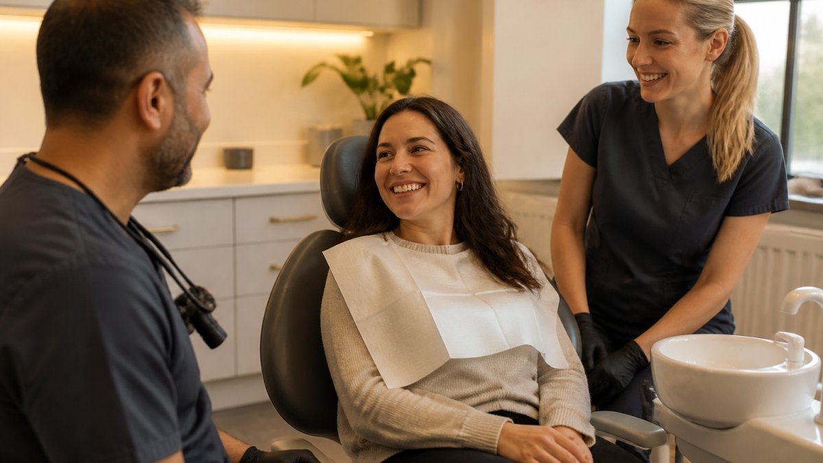 Patient seated in dental chair smiling with dentist and hygienist nearby in bright, calm clinical setting with soft lighting and welcoming modern decor
