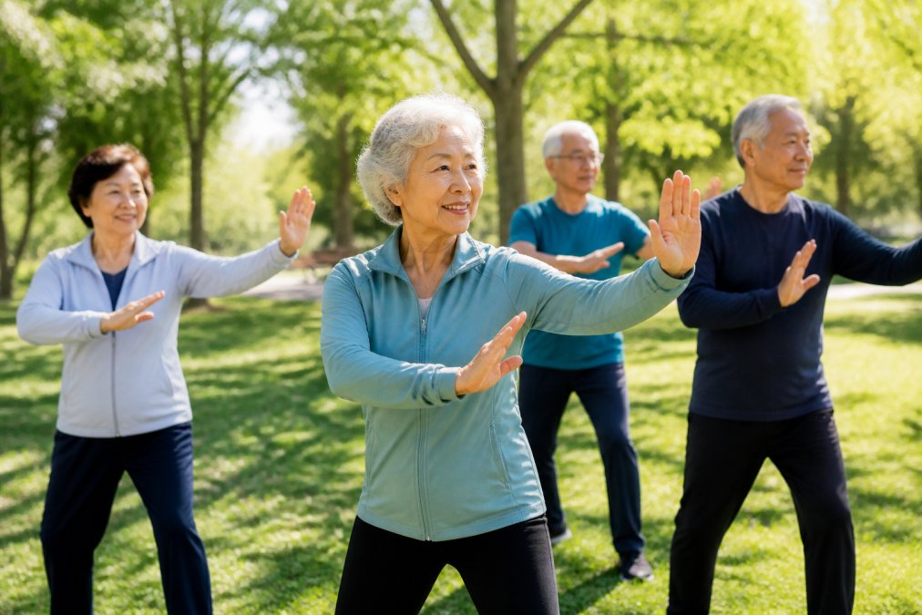 Active seniors practicing Tai Chi in a sunlit park for effective pain management for active seniors.