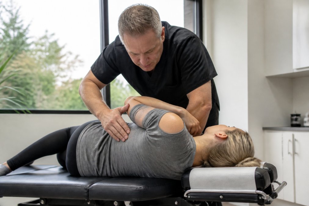 Chiropractor performing hands-on adjustment technique with patient in modern clinical setting, natural window lighting