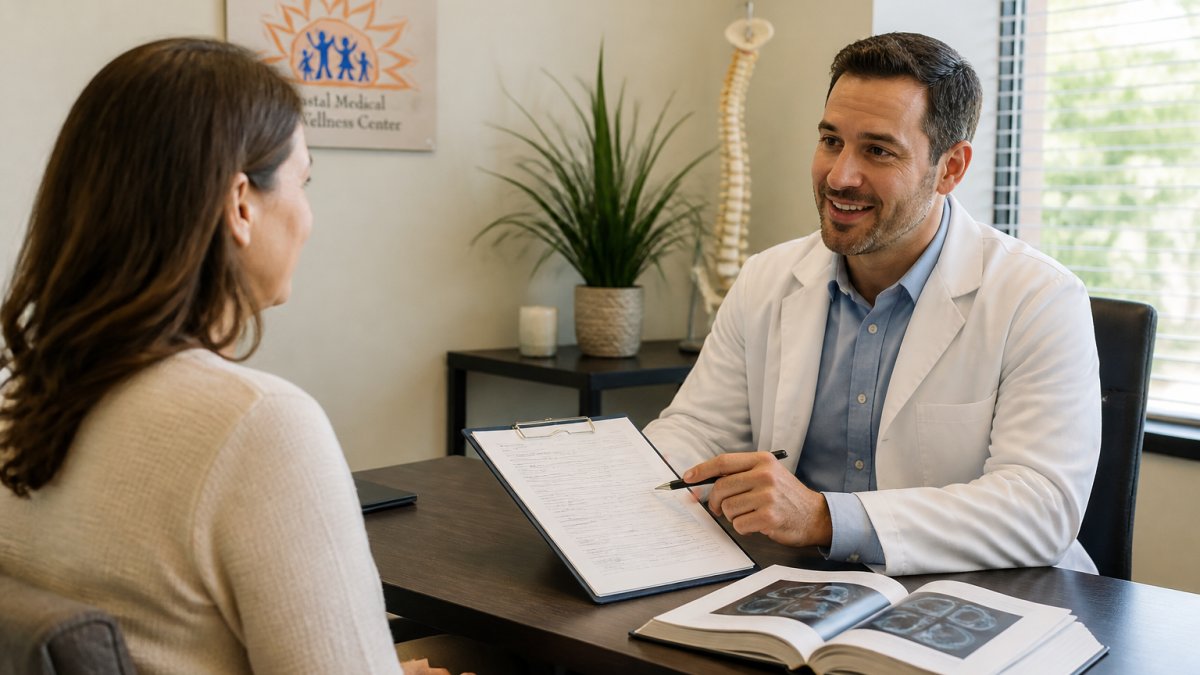 Healthcare provider consulting with patient in modern clinical office, reviewing medical records and discussing treatment options, warm professional lighting