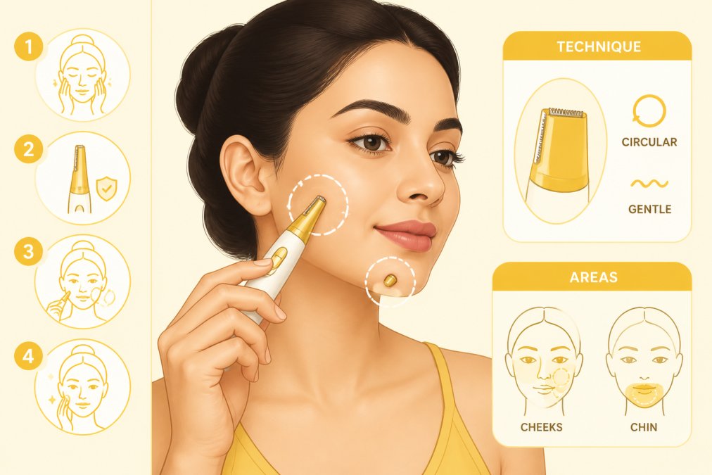Woman using an electric facial hair trimmer on her chin and cheek area, showing proper technique with gentle circular motions against facial contours in natural lighting