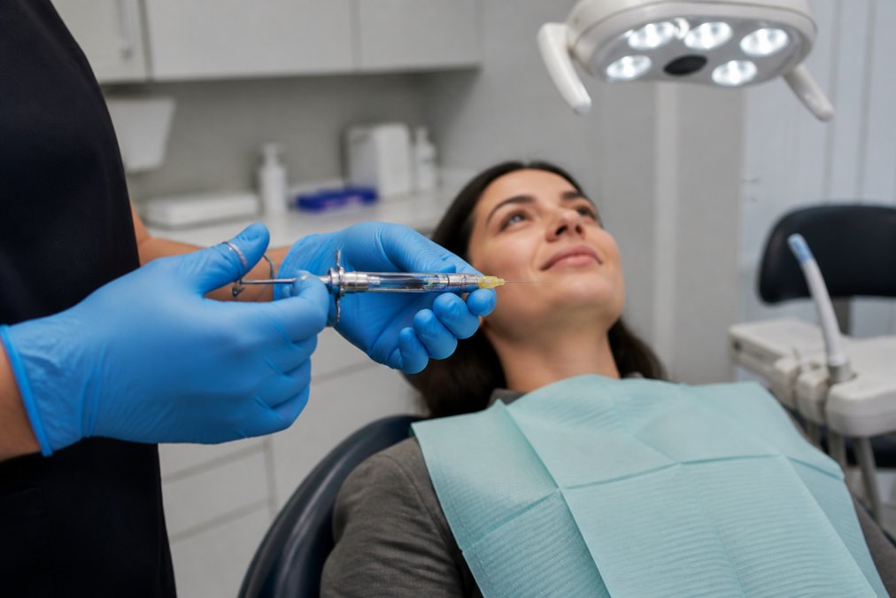 Close-up of a dentist's gloved hands preparing local anesthesia injection with dental syringe, patient relaxed in treatment chair with bright overhead lighting in modern clinical setting