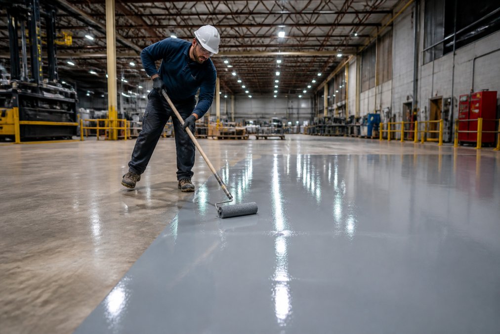 Professional applying epoxy coating to commercial warehouse floor with industrial lighting and machinery in background, showing glossy protective finish