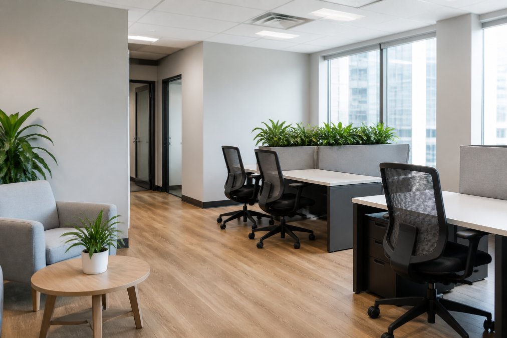 Modern office interior with freshly painted neutral-tone walls, professional workspace with natural light streaming through windows, showing clean aesthetic