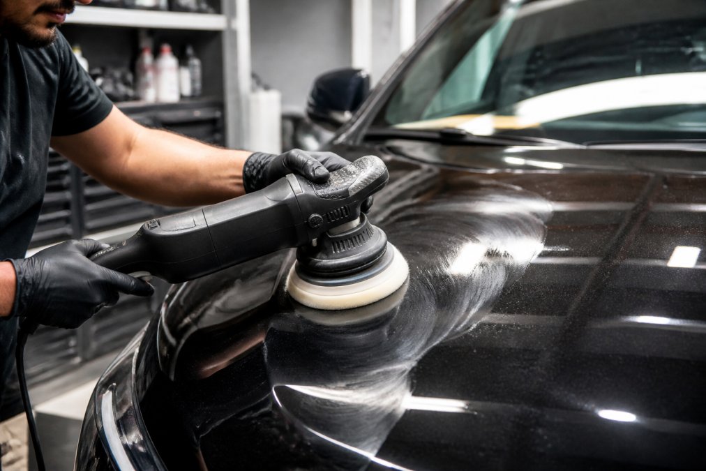 Professional detailer using an orbital polisher on a car's hood, applying compound with controlled pressure while the machine buffs the paint surface to remove swirl marks and imperfections