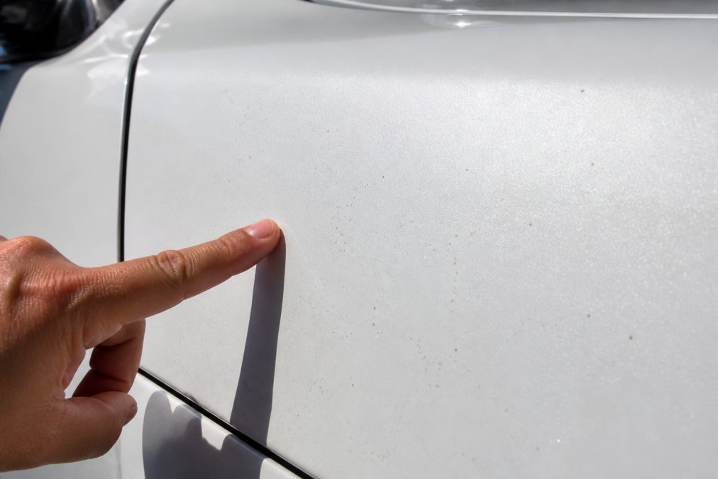 Close-up of a vehicle's paint surface showing visible iron fallout specks and embedded particles under bright sunlight, with a detailer's hand pointing to affected areas and texture visible on the clear coat