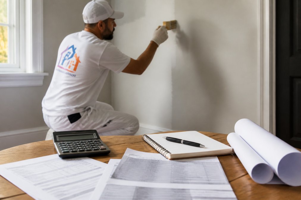 Professional painter in uniform carefully applying interior paint to wall with precision brush technique, demonstrating Soca Services attention to detail and professional finish quality