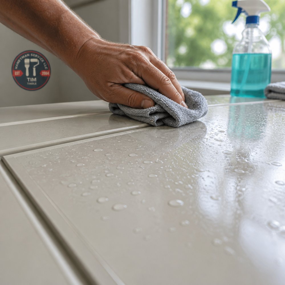 Close-up of a hand cleaning a glossy cabinet surface with a cloth and degreasing solution, showing water beading on the slick finish before preparation