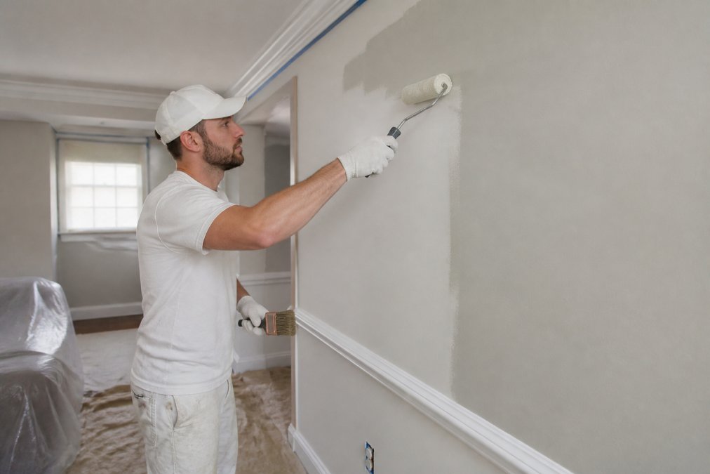Professional painter applying interior wall paint with precision, using roller and brush techniques in a residential room with drop cloths and protective coverings