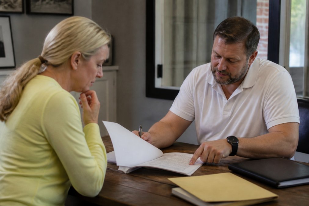 Homeowner reviewing contract and credentials document with a contractor in a home office setting, discussing project details and warranty information