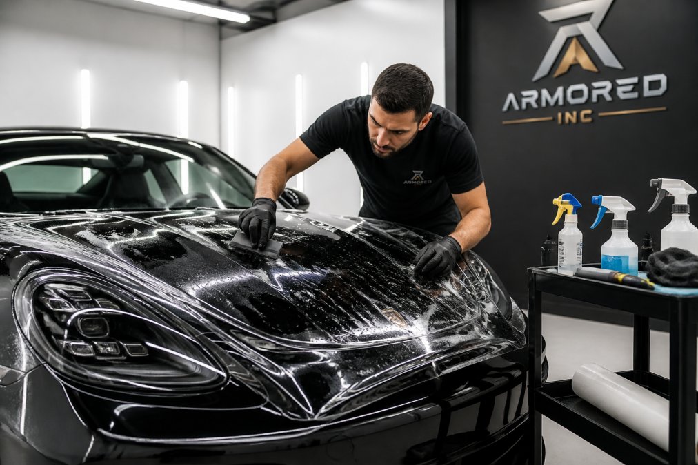 Technician carefully applying paint protection film to the hood of a luxury sports car in a detailing bay