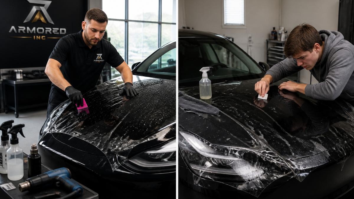 Professional technician carefully applying transparent paint protection film to a vehicle's hood and front bumper in a modern workshop with natural lighting and precision tools visible on workbench