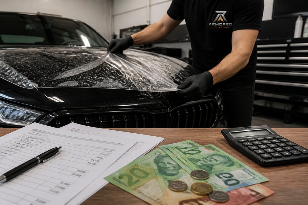 Professional technician carefully applying transparent paint protection film to a luxury vehicle's hood in a controlled workshop, with water beads visible on the film's hydrophobic surface