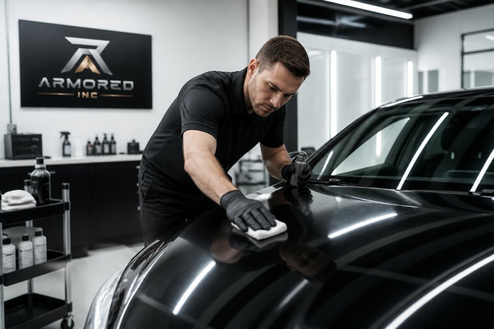 Professional detailer in a clean, climate-controlled workshop carefully preparing a vehicle's surface with specialized tools and equipment before paint protection film application
