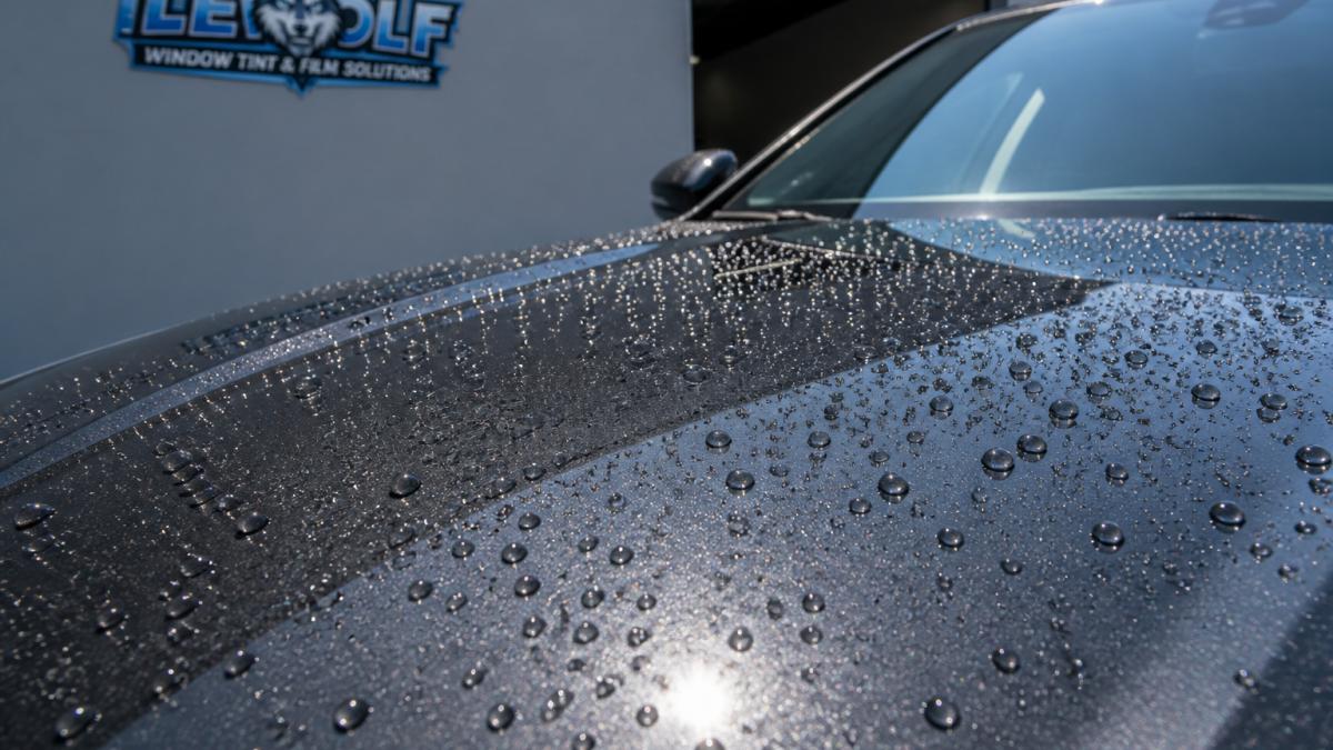 Close-up of a vehicle's hood showing fresh paint with water beading on the surface, demonstrating hydrophobic protection in bright sunlight