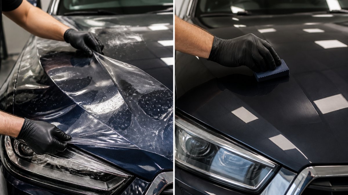 Close-up of a technician's gloved hands applying a transparent protective film to the hood of a dark luxury car in a clean, well-lit detailing studio