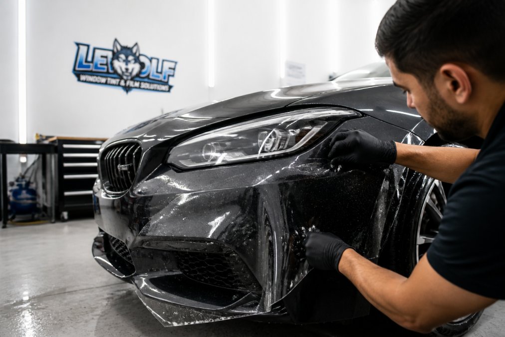 A close-up photograph of a certified installer's hands applying a clear, transparent protective film to the front bumper of a dark-colored luxury sedan in a clean, well-lit automotive shop