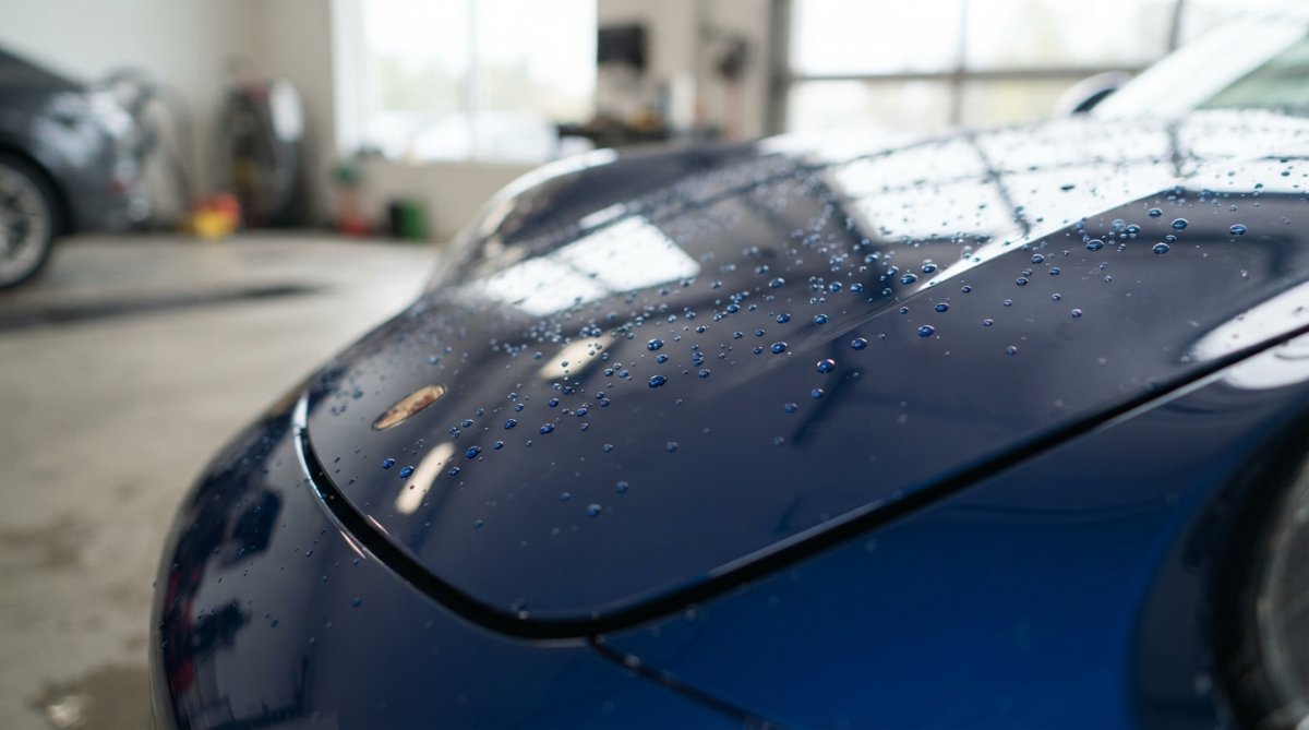 Close-up of a luxury sports car with glossy finish showing paint surface quality and reflection in bright daylight, water droplets beading on the hood