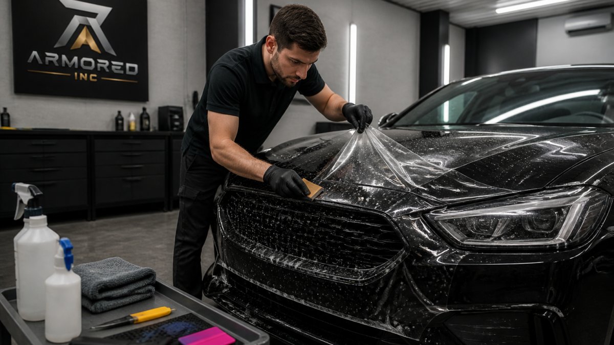 Professional technician carefully applying transparent protective film to the hood and front bumper of a luxury vehicle in a climate-controlled detailing bay, with precision cutting tools and squeegees visible