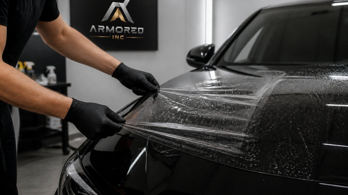 Close-up of a technician's gloved hands applying a clear protective film to the hood of a dark luxury sports car in a clean, well-lit detailing bay