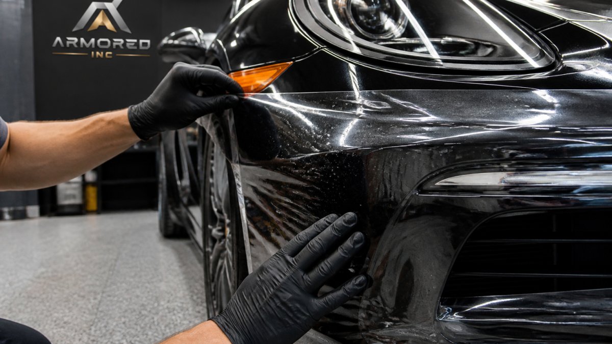 Close-up of a technician's hands applying a clear paint protection film to the front bumper of a dark sports car in a clean, well-lit garage