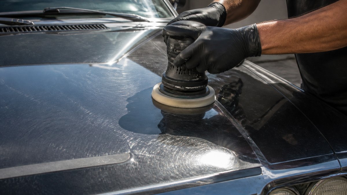 Process diagram showing paint restoration old cars with polishing pads removing oxidation and swirl marks.