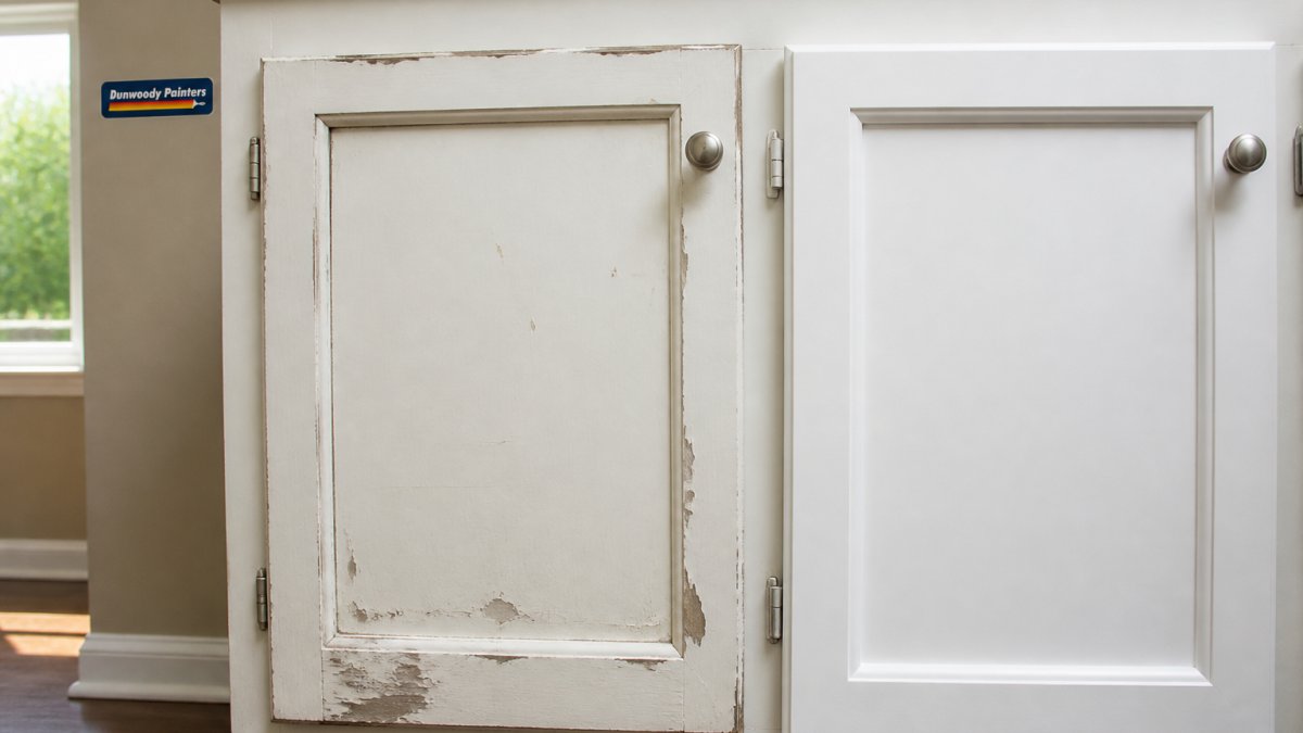 Close-up of kitchen cabinet doors showing peeling paint and wear marks alongside a freshly painted cabinet door with crisp, smooth finish in natural daylight