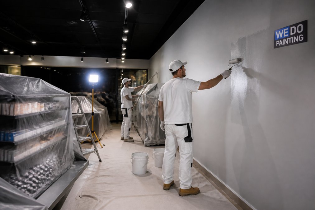 Professional painters in work gear rolling paint onto a commercial retail wall at night, with store shelving and display fixtures covered in protective plastic sheeting, bright work lights illuminating the space