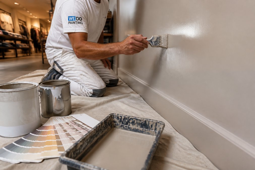 Close-up of a painter's hand applying a semi-gloss coating to a retail wall near a skirting board, with paint swatches and product tins visible on a drop sheet in the foreground, warm overhead lighting