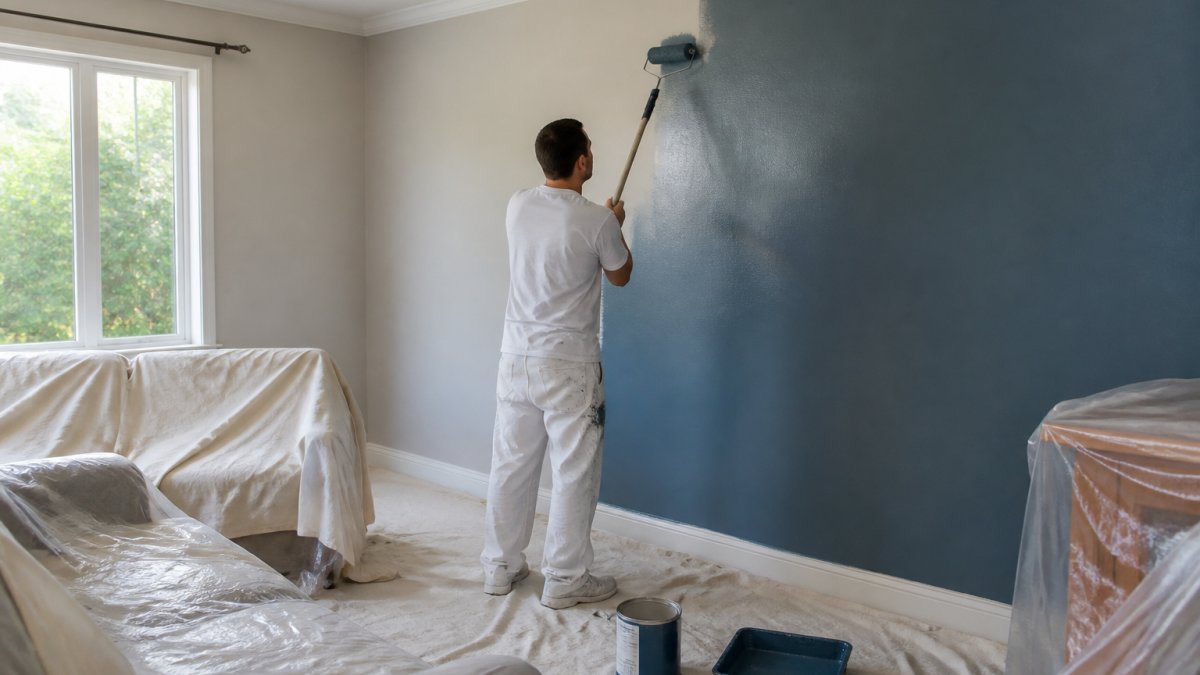 Professional painter carefully protecting furniture and floorboards with drop sheets whilst applying fresh interior paint to a feature wall in a bright residential room
